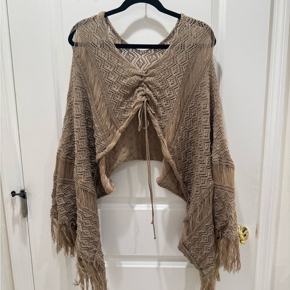 Z&L Tan Crochet Fringe Cropped Poncho Top
